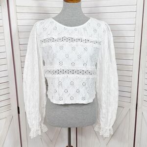 Zara Eyelet Balloon Sleeve Crop Top Shirt White Medium Cottage Boho Country